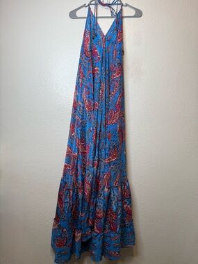 Somya Collection Boho Paisley Satin Halter Maxi Dress Adjustable One Size Tall